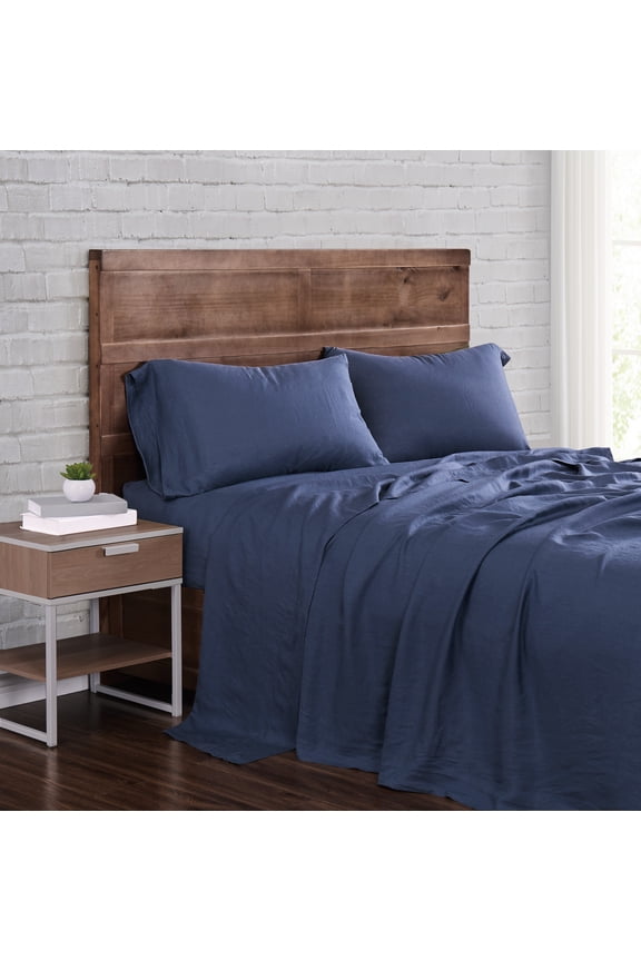 Flax Linen 100% Linen Deep Pocket Navy 4-Piece King, All Season, Adult Size, OEKO-TEX Certified