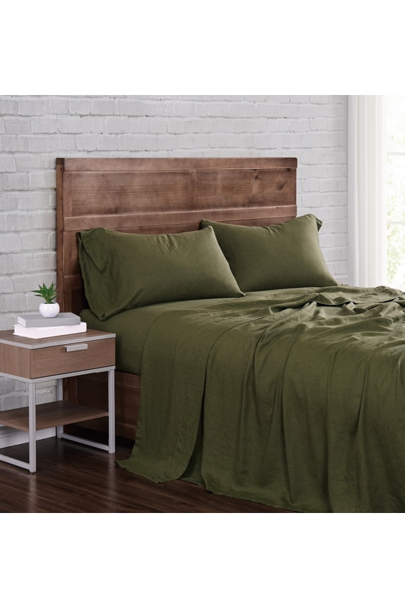 Flax Linen 100% Linen Deep Pocket Olive Green 4-Piece Queen, All Season, Adult Size, OEKO-TEX Certified