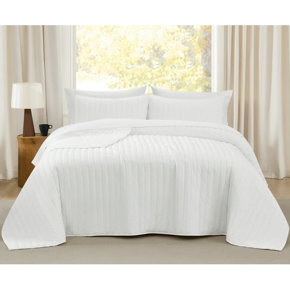 Brooklyn Loom Oversized Cotton Percale White Full/Queen 3 Piece Quilt Set, Solid Color Themed, Oeko-TEX Certified Confidence