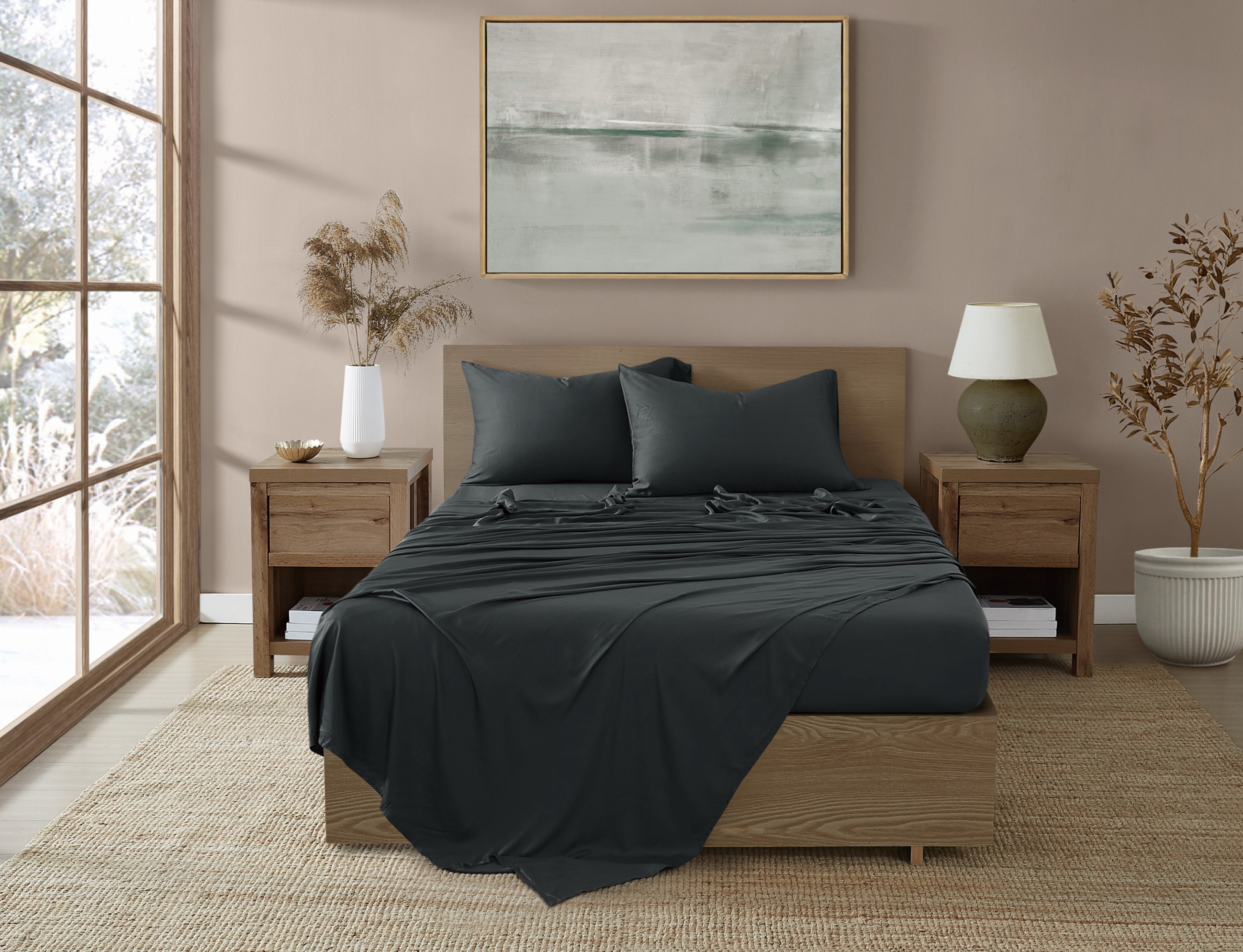 Brooklyn Loom 300 Thread Count Sateen 100% Rayon from Bamboo Deep Pocket 4 Piece Queen Sheet Set in Charcoal, All Season, Adult Size, OEKO-TEX Certified
