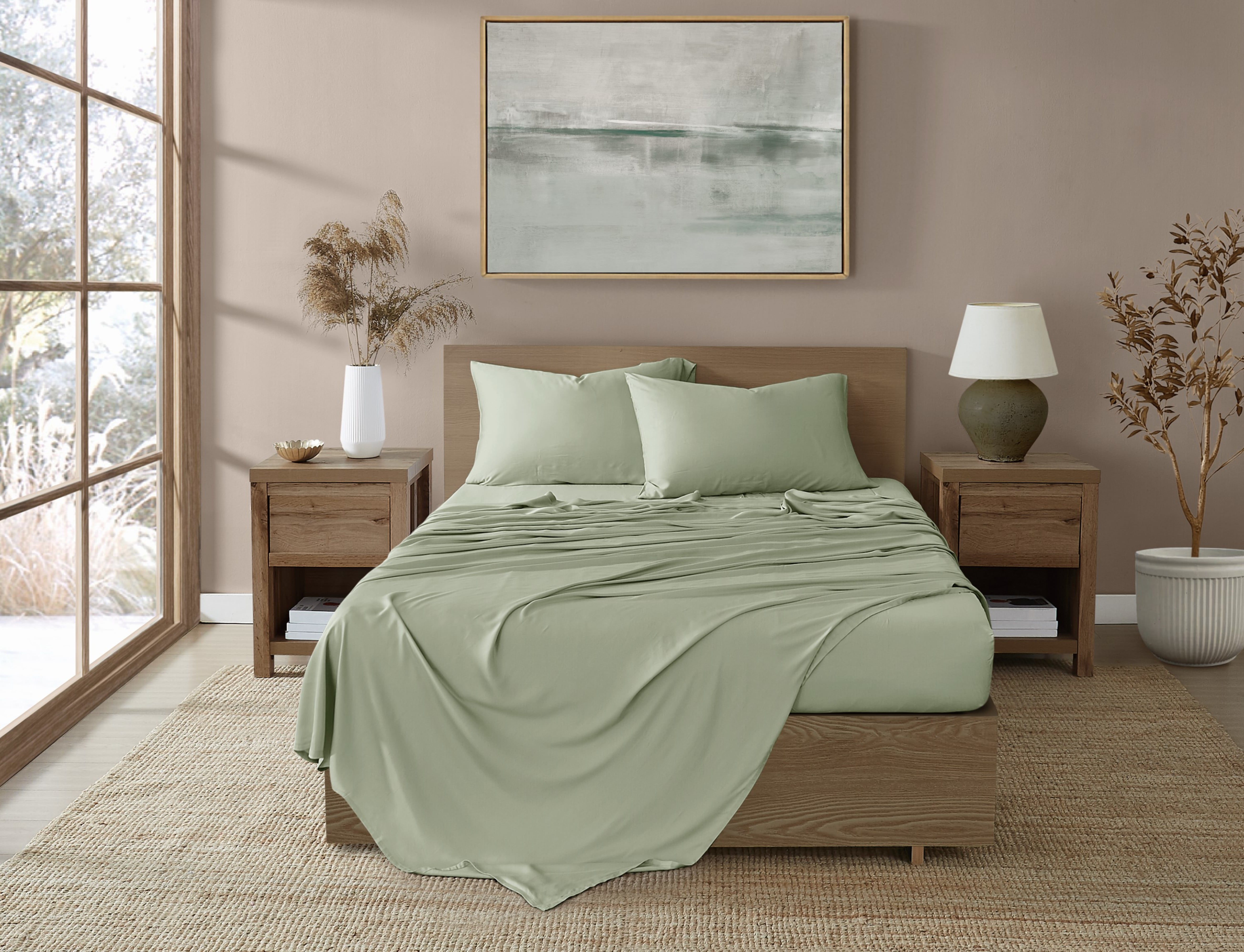 Brooklyn Loom 300 Thread Count Sateen 100% Rayon from Bamboo Deep Pocket 4 Piece King Sheet Set in Green, All Season, Adult Size, OEKO-TEX Certified