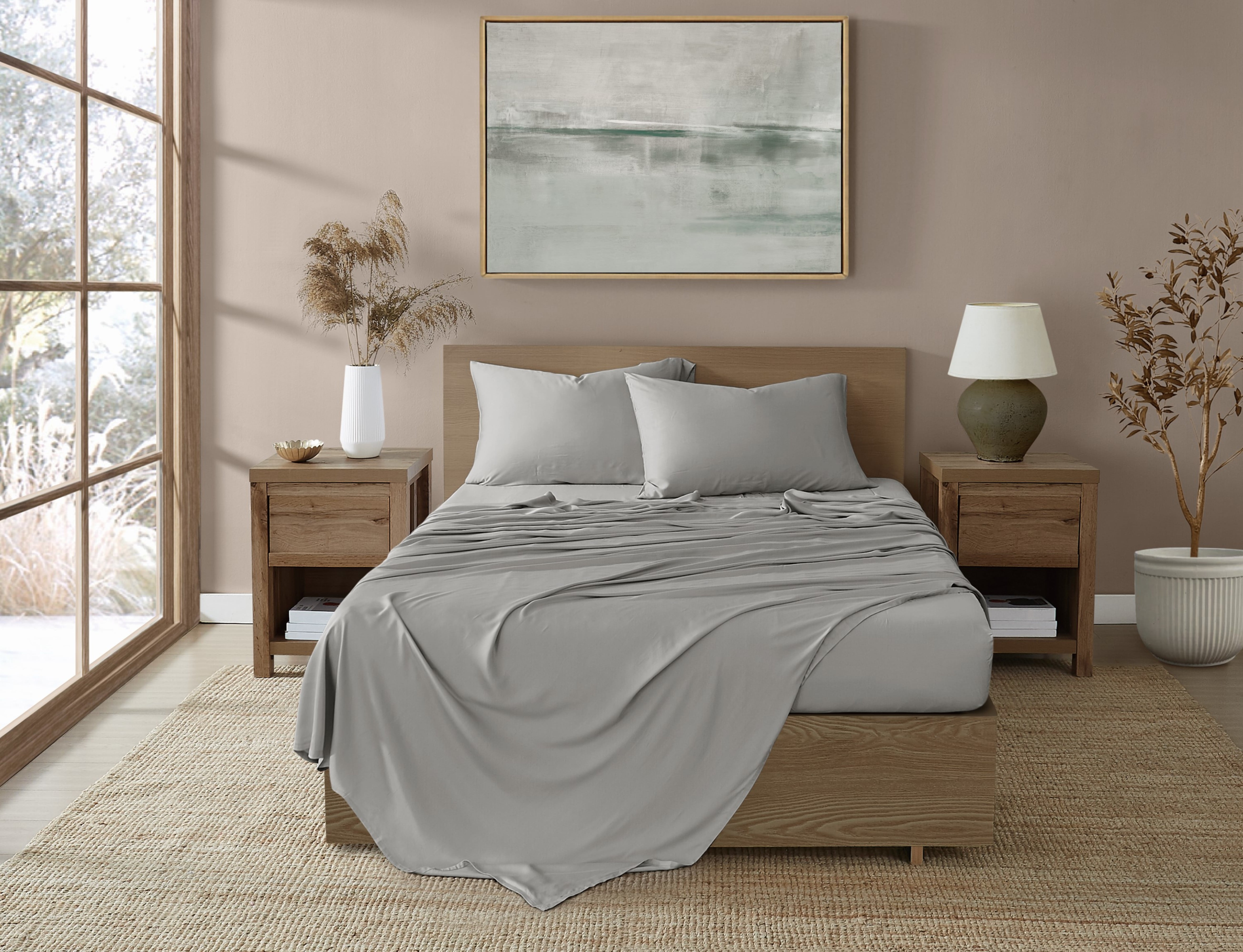 Brooklyn Loom 300 Thread Count Sateen 100% Rayon from Bamboo Deep Pocket 4 Piece King Sheet Set in Grey, All Season, Adult Size, OEKO-TEX Certified