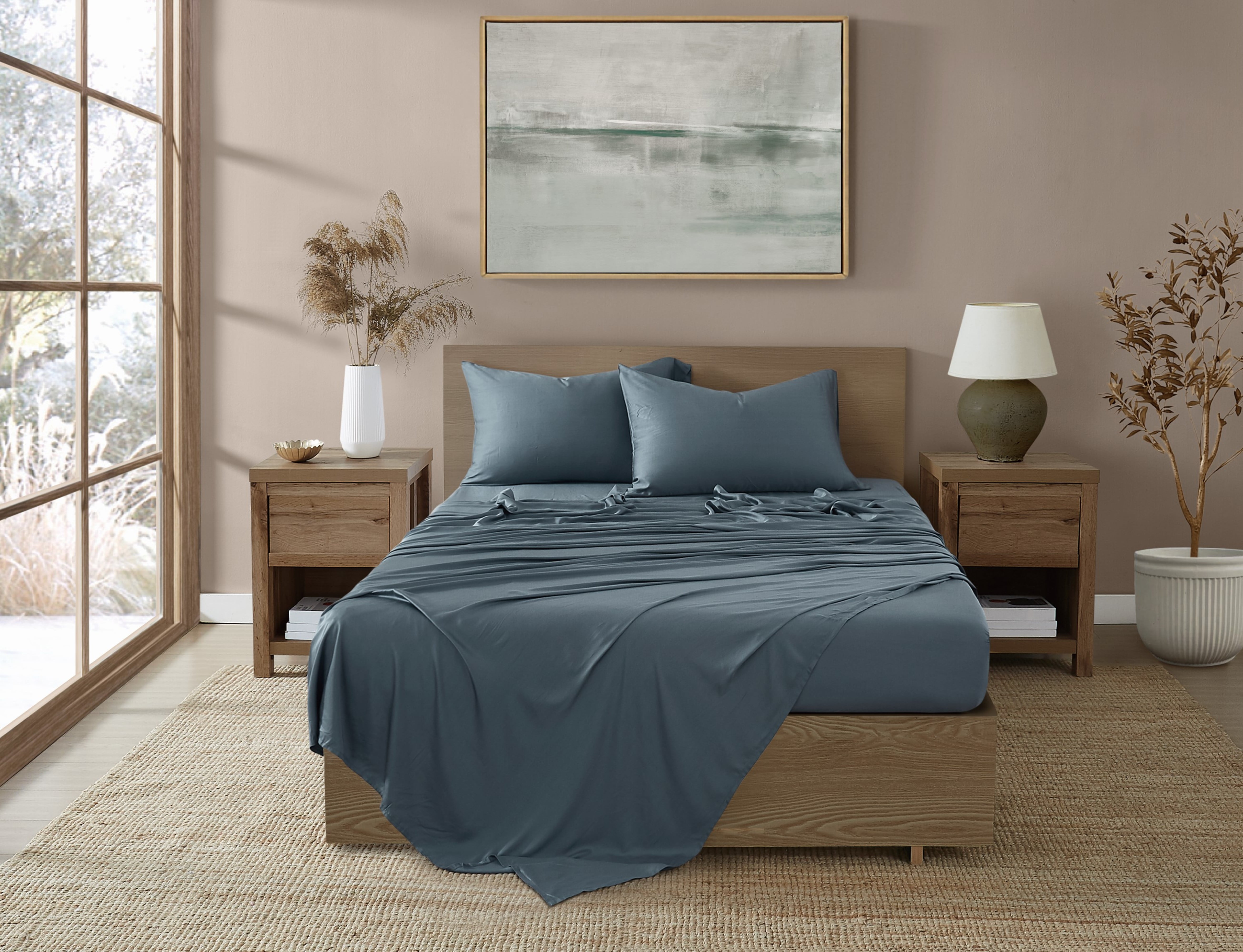 Brooklyn Loom 300 Thread Count Sateen 100% Rayon from Bamboo Deep Pocket 4 Piece Queen Sheet Set in Blue, All Season, Adult Size, OEKO-TEX Certified