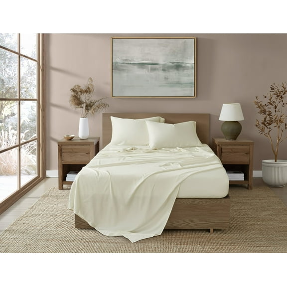 Brooklyn Loom 300 Thread Count Sateen 100% Rayon from Bamboo Deep Pocket 4 Piece Queen Sheet Set in Ivory, All Season, Adult Size, OEKO-TEX Certified