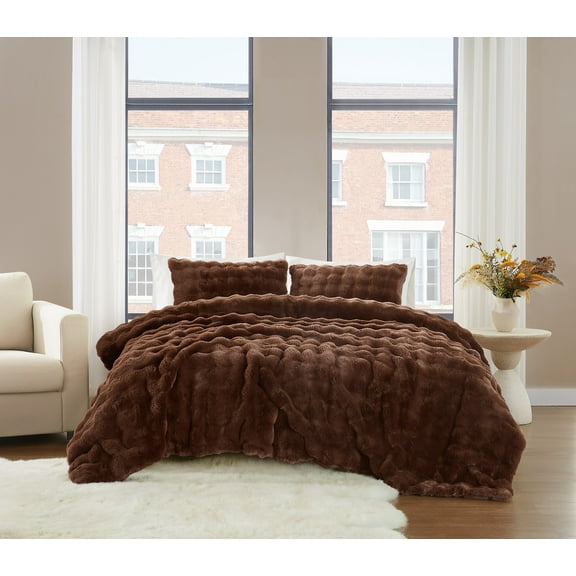 Brooklyn Loom Bubble Faux Fur 100% Microfiber Polyester  3 Piece Queen Comforter Set in Brown, All Season, Adult Size, OEKO-TEX Certified