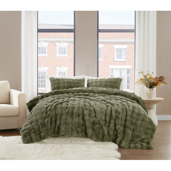 Brooklyn Loom Bubble Faux Fur 100% Microfiber Polyester 3 Piece Queen Comforter Set in Green, All Season, Adult Size, OEKO-TEX Certified