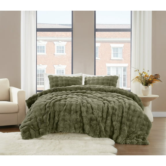Brooklyn Loom Bubble Faux Fur 100% Microfiber Polyester 3 Piece Queen Comforter Set in Green, All Season, Adult Size, OEKO-TEX Certified