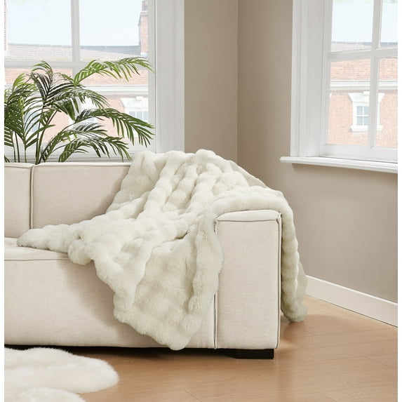 Brooklyn Loom Bubble Faux Fur 100% Microfiber Polyester 50x70 Throw in Ivory, All Season, Adult Size, OEKO-TEX Certified