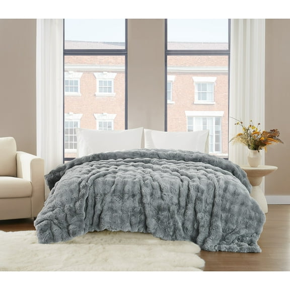 Brooklyn Loom Bubble Faux Fur 100% Microfiber Polyester Full/Queen Blanket in Grey, All Season, Adult Size, OEKO-TEX Certified