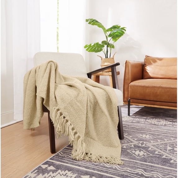 Brooklyn Loom Chunky Boucle 100% Microfiber Polyester 50x70 Throw Blanket in Tan, All Season, Adult Size, OEKO-TEX Certified
