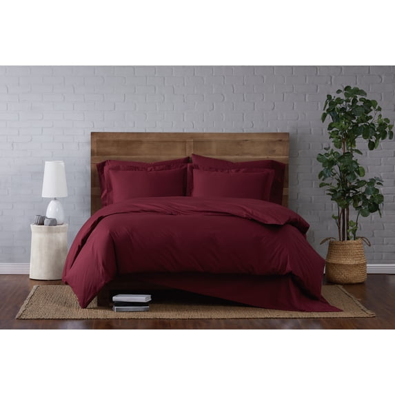 Brooklyn Loom Classic Cotton 200 Thread Count Solid 100% Cotton Percale 3-Piece Full/Queen Duvet Set in Burgundy, Cotton , Adult, All Season, OEKO-TEX Certified