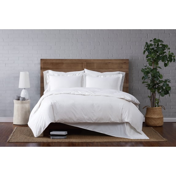Brooklyn Loom Classic Cotton 200 Thread Count Solid 100% Cotton Percale 3-Piece Full/Queen Duvet Set in White, Cotton , Adult, All Season, OEKO-TEX Certified