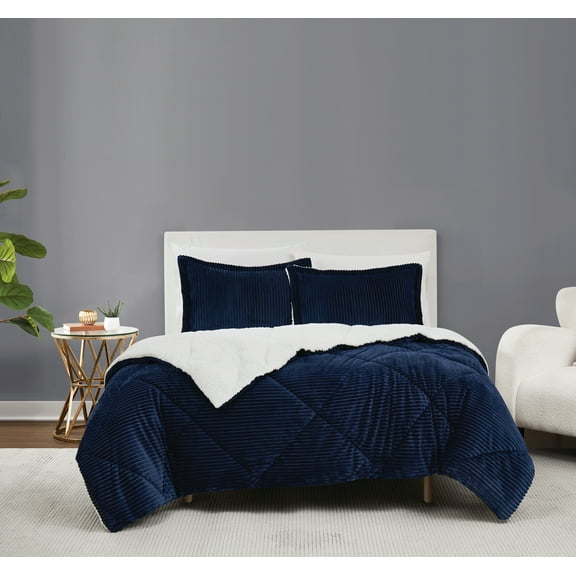 Brooklyn Loom Corduroy Blue Full/Queen 3 Piece Comforter Set, Textured Solid Color, Adult Bedding, Oeko-TEX Certified
