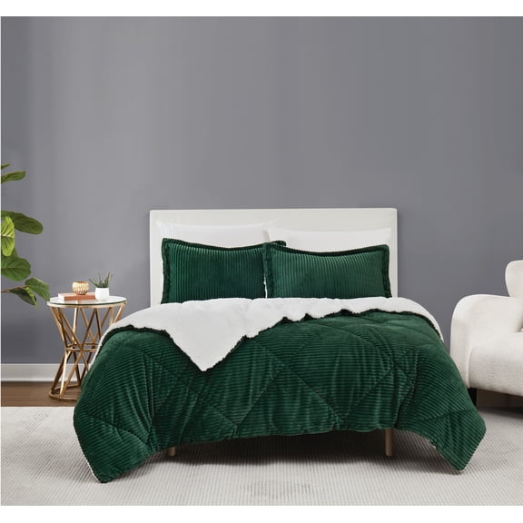 Brooklyn Loom Corduroy Green Full/Queen 3 Piece Comforter Set, Textured Solid Color, Adult Bedding, Oeko-TEX Certified