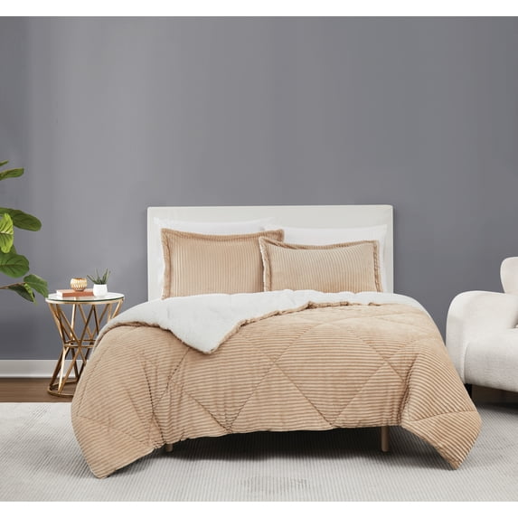 Brooklyn Loom Corduroy Tan Full/Queen 3 Piece Comforter Set, Textured Solid Color, Adult Bedding, Oeko-TEX Certified