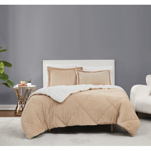 Brooklyn Loom Corduroy Tan King 3 Piece Comforter Set, Textured Solid Color, Adult Bedding, Oeko-TEX Certified