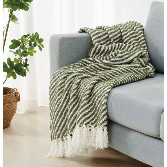Brooklyn Loom Diagonal Chenille Stripe 39% Acrylic / 61% Polyester  50x70 Throw Blanket in Green, All Season, Adult Size, OEKO-TEX Certified