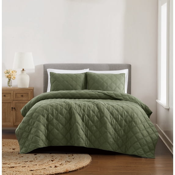 Brooklyn Loom Diamond Stiched Prewashed 100% Cotton Green 2-Piece Twin Quilt Set, Solid Casual themed, Adult Bedding, OEKO-TEX Certified