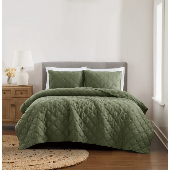 Brooklyn Loom Diamond Stiched Prewashed 100% Cotton Green 2-Piece Twin Quilt Set, Solid Casual themed, Adult Bedding, OEKO-TEX Certified