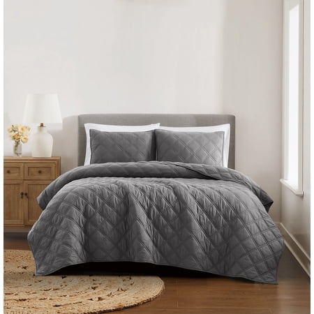 Brooklyn Loom Diamond Stiched Prewashed 100% Cotton Grey 3-Piece Full/Queen Quilt Set, Solid Casual themed, Adult Bedding, OEKO-TEX Certified
