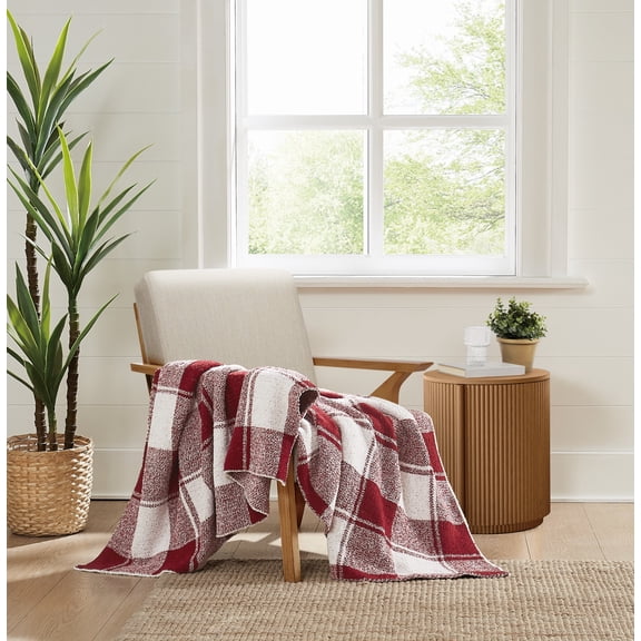 Brooklyn Loom Dusted Plaid 100% Microfiber Polyester  50x70 Throw Blanket in Burgundy, All Season, Adult Size, OEKO-TEX Certified