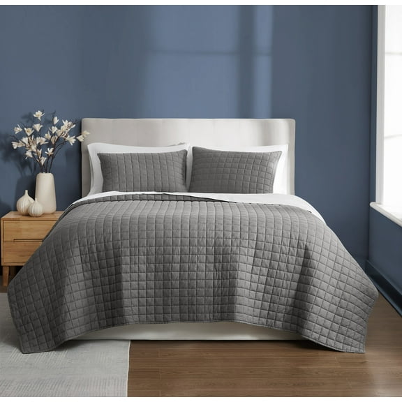 Brooklyn Loom Essential 100% Cotton Washed Softness 2-Piece Twin Quilt Set in Grey, Solid Color, OEKO-TEX Certified