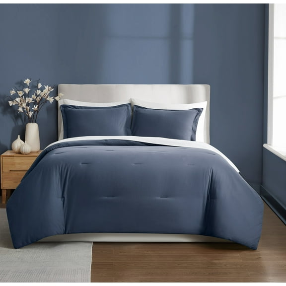 Brooklyn Loom Essential 100% Cotton Washed Softness 3-Piece Full/Queen Comforter Set in Blue, Solid Color, OEKO-TEX Certified