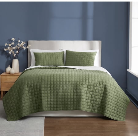 Brooklyn Loom Essential 100% Cotton Washed Softness 3-Piece Full/Queen Quilt Set in Green, Solid Color, OEKO-TEX Certified