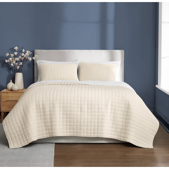 Brooklyn Loom Essential 100% Cotton Washed Softness 3-Piece Full/Queen Quilt Set in Natural, Solid Color, OEKO-TEX Certified
