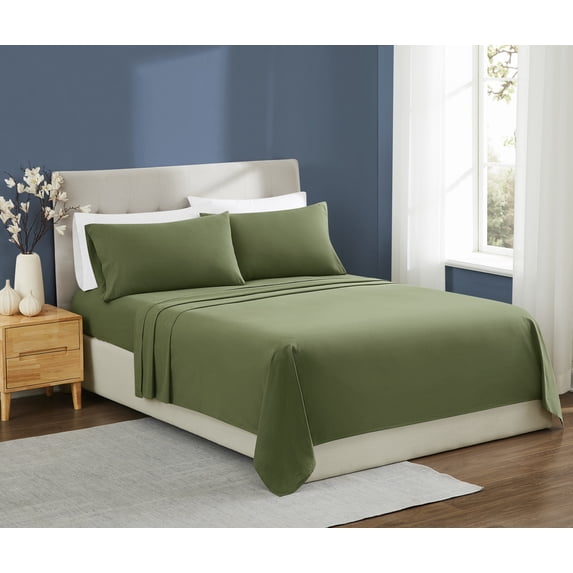 Brooklyn Loom Essential 100% Cotton Washed Softness 4-Piece Full Sheet Set in Green, Solid Color, OEKO-TEX Certified