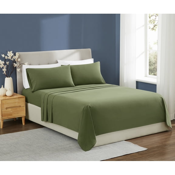 Brooklyn Loom Essential 100% Cotton Washed Softness 4-Piece Full Sheet Set in Green, Solid Color, OEKO-TEX Certified