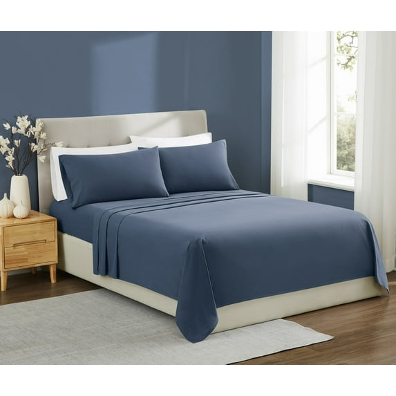 Brooklyn Loom Essential 100% Cotton Washed Softness 4-Piece King Sheet Set in Blue, Solid Color, OEKO-TEX Certified