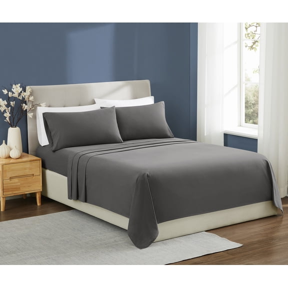 Brooklyn Loom Essential 100% Cotton Washed Softness 4-Piece Queen Sheet Set in Grey, Solid Color, OEKO-TEX Certified