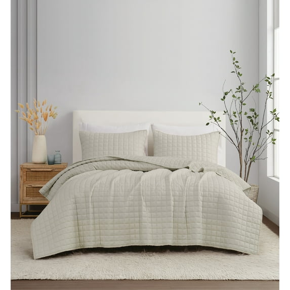 Brooklyn Loom 100% Flax Linen Natural 3-Piece Full/Queen Quilt Set, Solid Casual themed, Adult Bedding, OEKO-TEX Certified