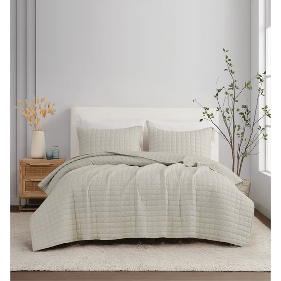 Brooklyn Loom 100% Flax Linen Natural 3-Piece King Quilt Set, Solid Casual themed, Adult Bedding, OEKO-TEX Certified