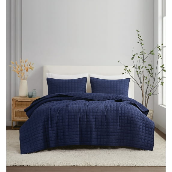 Brooklyn Loom 100% Flax Linen Navy 3-Piece Full/Queen Quilt Set, Solid Casual themed, Adult Bedding, OEKO-TEX Certified