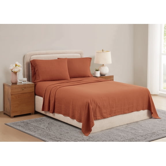 Brooklyn Loom Flax Linen 100% Linen Deep Pocket Rust 4-Piece California King, All Season, Adult Size, OEKO-TEX Certified