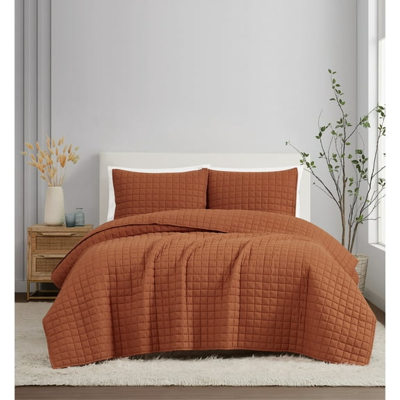 Brooklyn Loom 100% Flax Linen Rust 3-Piece Full/Queen Quilt Set, Solid Casual themed, Adult Bedding, OEKO-TEX Certified
