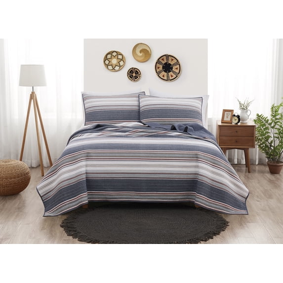 Brooklyn Loom Hudson Stripe Yarn Dye Blue Cotton 2-Piece Twin XL Quilt Set, stripe themed, for Men and Women, OEKO-TEX Certified Confidence