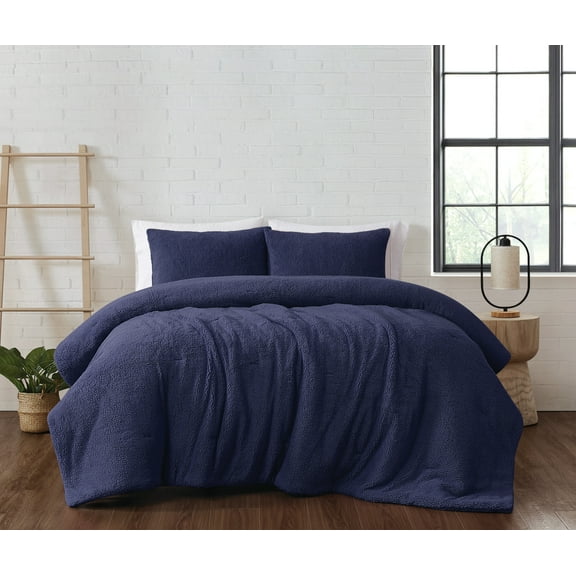 Brooklyn Loom Marshmallow Plush 100% Microfiber Polyester Navy 3-Piece Full/Queen Comforter Set, Solid Casual themed, Adult Bedding, OEKO-TEX Certified