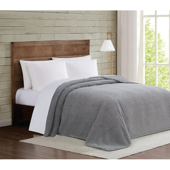 Brooklyn Loom Marshmallow Sherpa Grey King Blanket 100% Polyester Microfiber Plush, Solid Casual themed, Adult Bedding, OEKO-TEX Certified