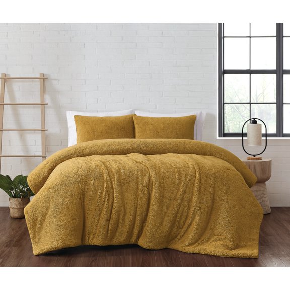 Brooklyn Loom Marshmallow Plush 100% Microfiber Polyester Mustard 3-Piece Full/Queen Comforter Set, Solid Casual themed, Adult Bedding, OEKO-TEX Certified