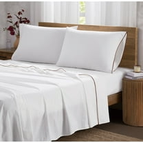 Brooklyn Loom Merrowed Edge Cotton Percale 100% Cotton Deep Pocket 4 Piece King Sheet Set in White and Brown, All Season, Adult Size, OEKO-TEX Certified