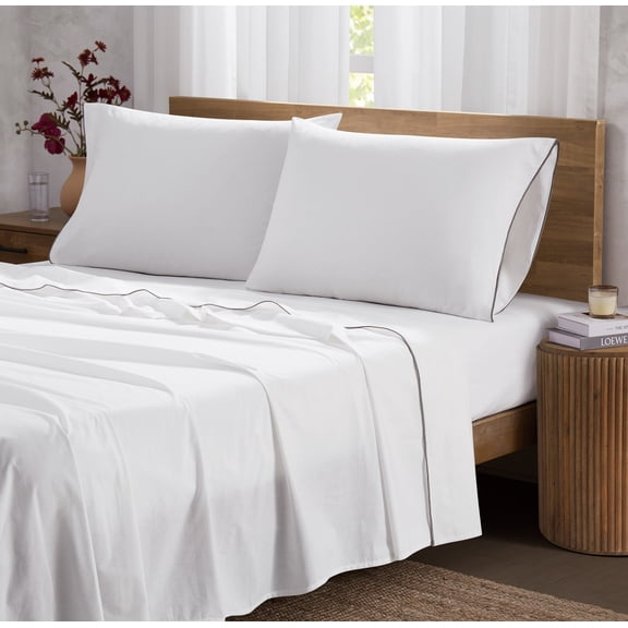 Brooklyn Loom Merrowed Edge Cotton Percale 100% Cotton Deep Pocket 4 Piece Queen Sheet Set in White and Grey, All Season, Adult Size, OEKO-TEX Certified