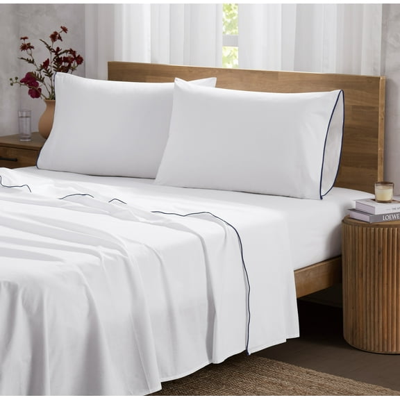 Brooklyn Loom Merrowed Edge Cotton Percale 100% Cotton Deep Pocket 4 Piece Queen Sheet Set in White and Navy, All Season, Adult Size, OEKO-TEX Certified