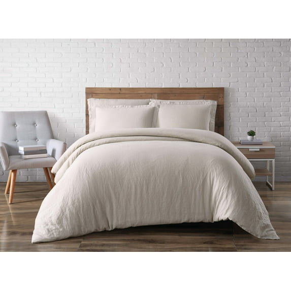 Brooklyn Loom Solid 100% Linen 3-Piece Full/Queen Duvet Set in Natural, Linen , Adult, All Season, OEKO-TEX Certified