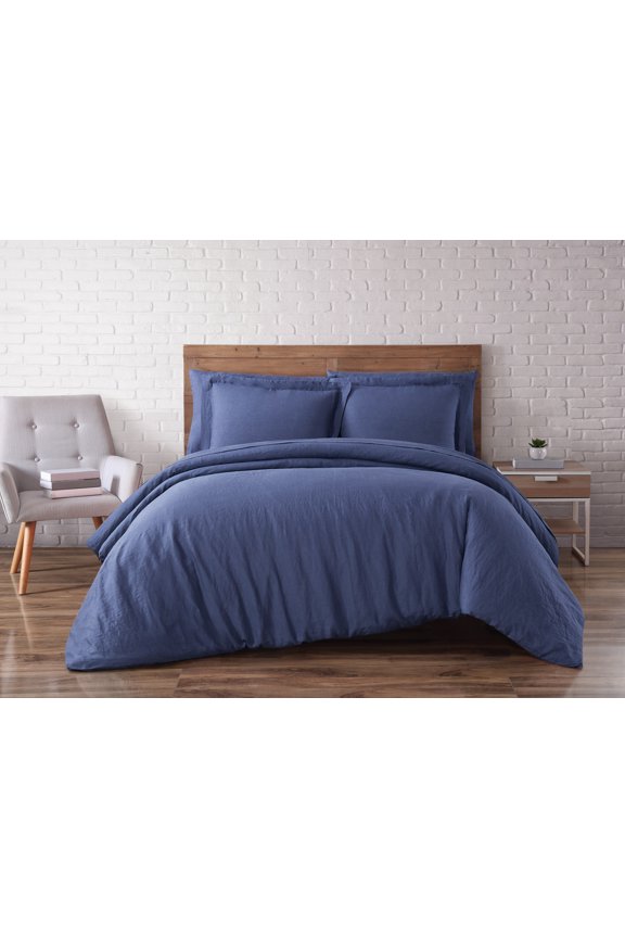 Solid 100% Linen 3-Piece Full/Queen Duvet Set in Navy Blue, Linen , Adult, All Season, OEKO-TEX Certified