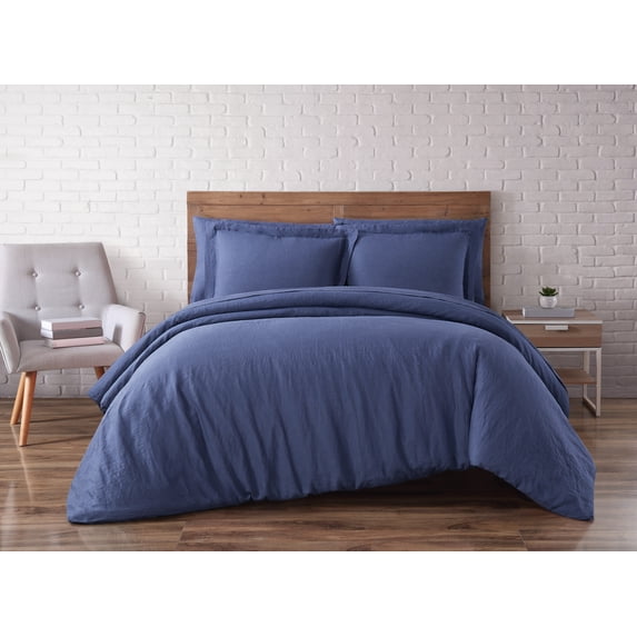 Brooklyn Loom Solid 100% Linen 3-Piece King Duvet Set in Navy Blue, Linen , Adult, All Season, OEKO-TEX Certified
