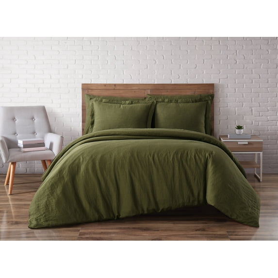 Brooklyn Loom Solid 100% Linen 3-Piece Full/Queen Duvet Set in Olive Green, Linen , Adult, All Season, OEKO-TEX Certified