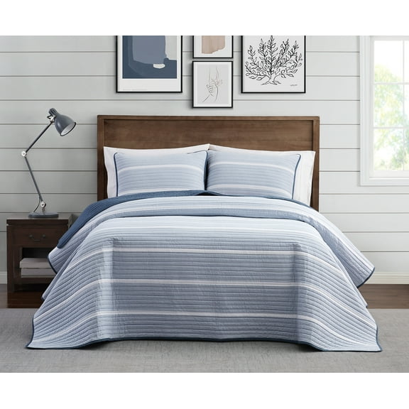 Brooklyn Loom Niari Yarn Dye Stripe Blue Cotton 3-Piece Full/Queen Quilt Set, stripe themed, for Men and Women, OEKO-TEX Certified Confidence